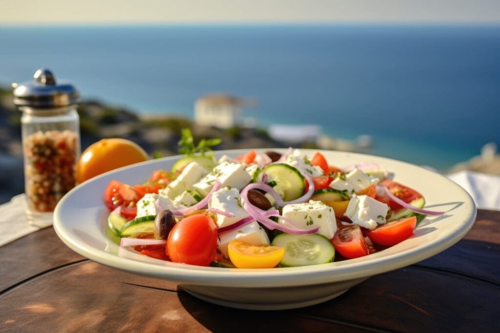 Greek salad with tomatoes, cucumbers, white feta cheese, olives and the sea in the background. Mediterranean Diet