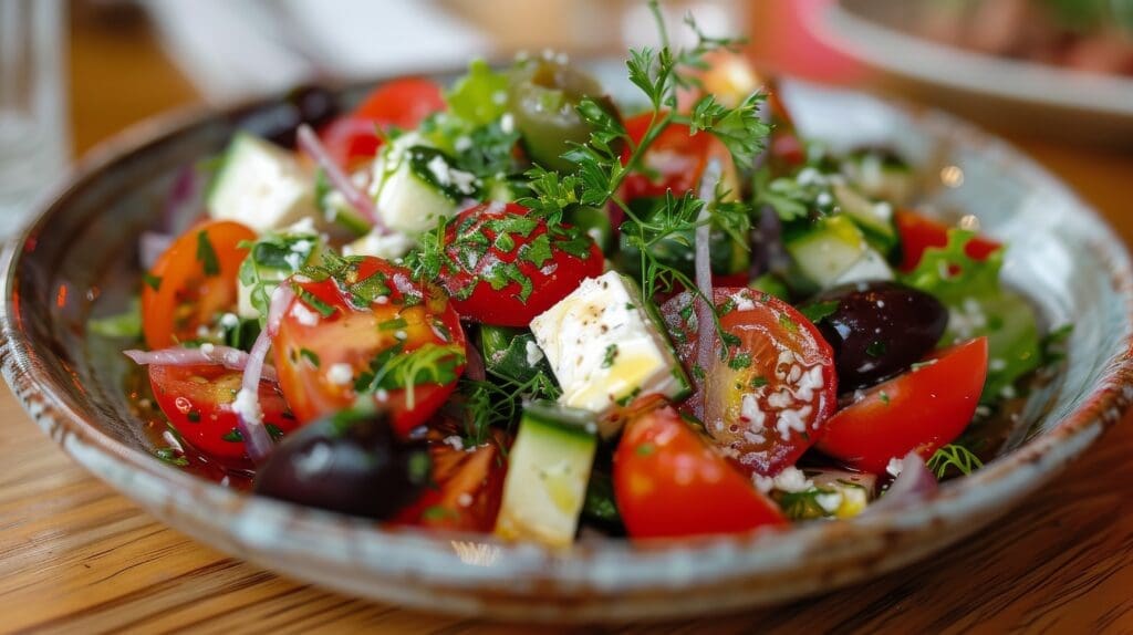 A bowl of salad featuring ripe tomatoes, crisp cucumbers, briny olives, and fresh parsley. Mediterranean Diet